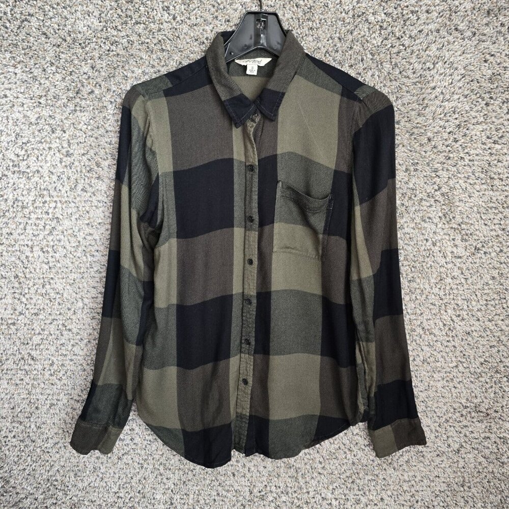 Lucky Brand Top Womens Small Green Button Up Check Long Sleeve Rayon Casual